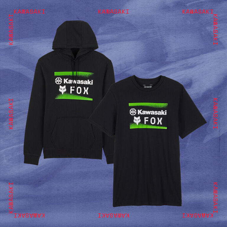 Fox tee and hoodie with stylized text calling out Kawasaki gear
